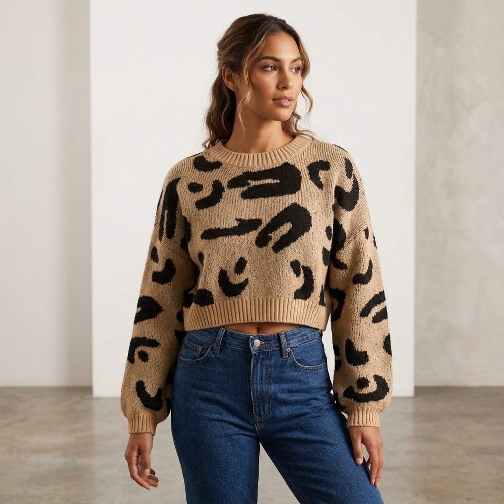 HYFVE Large Sweater Tan Black Leopard Animal Print Cropped Knit Indie Sleaze